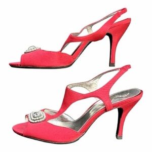 Nina Red Satin Embellished Slingback 3.5” Heels Size 7.5 Leather Soles Peep-toe